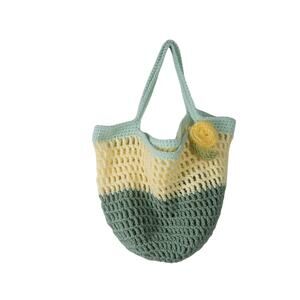 Vintage green and yellow open knit crochet handbag tote purse